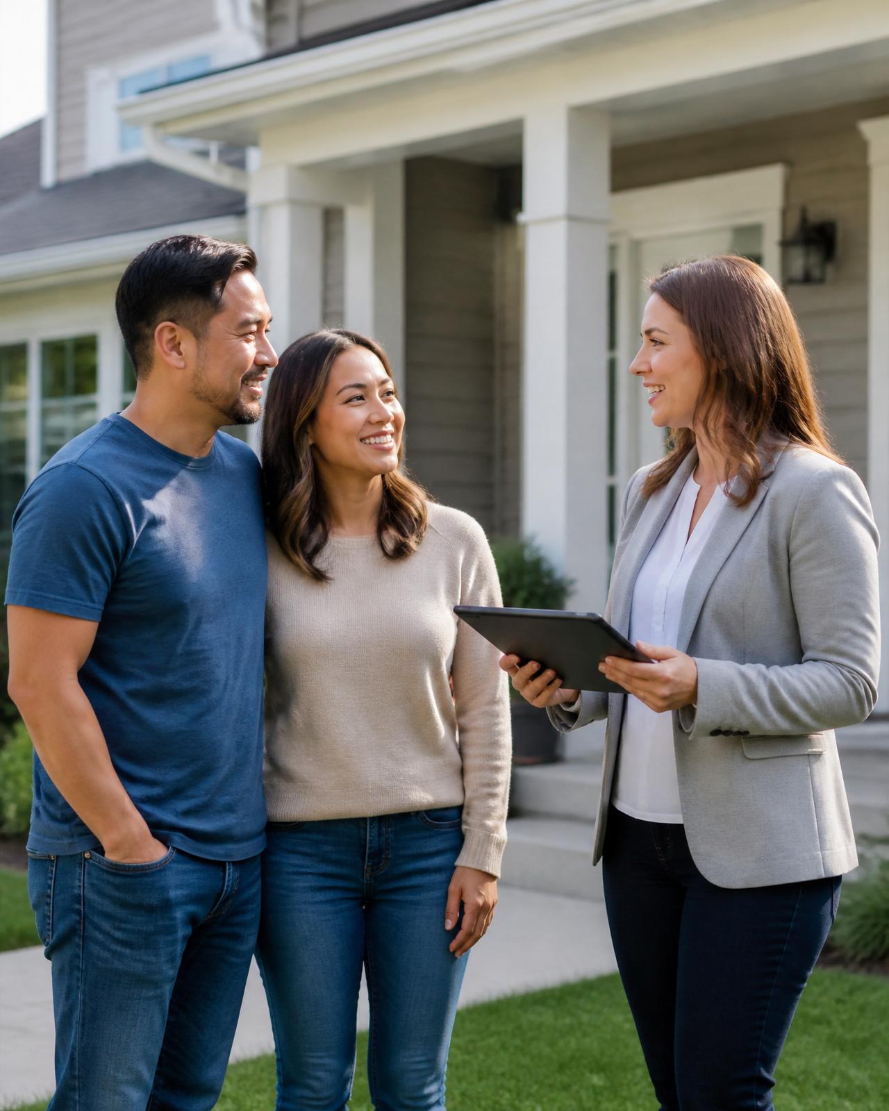 Homeowner speaking with a home service professional outside a suburban home
